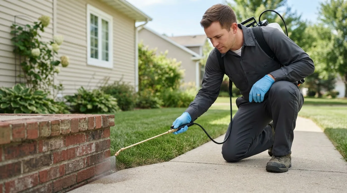 Pest control technician treating a home near Oakdale, IL